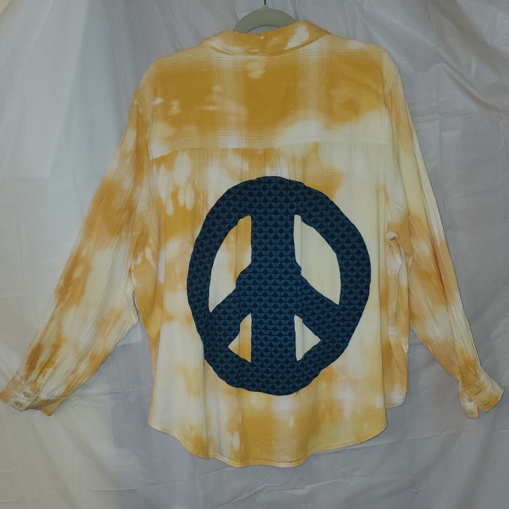 Upcycled Bleached Flannel with Giant Teal Blue  Black Peace Sign on back size 2X